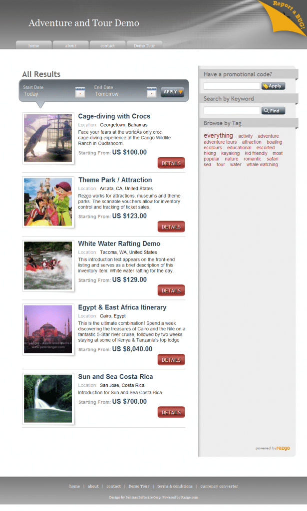 Rezgo booking engine with default 850 px wide layout
