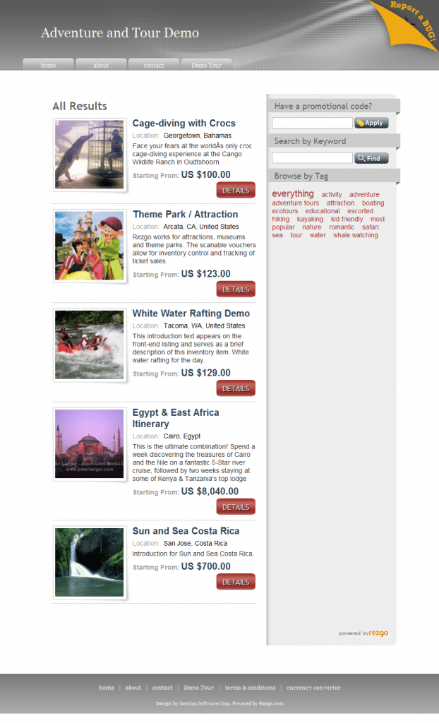 Rezgo booking engine layout with narrow design