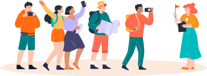 Female-guide-with-group-of-tourists-flat-vector-illustration