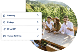 Interface displaying itinerary, pickup, drop-off, and items to bring options, beside a photo of a group enjoying an outdoor activity