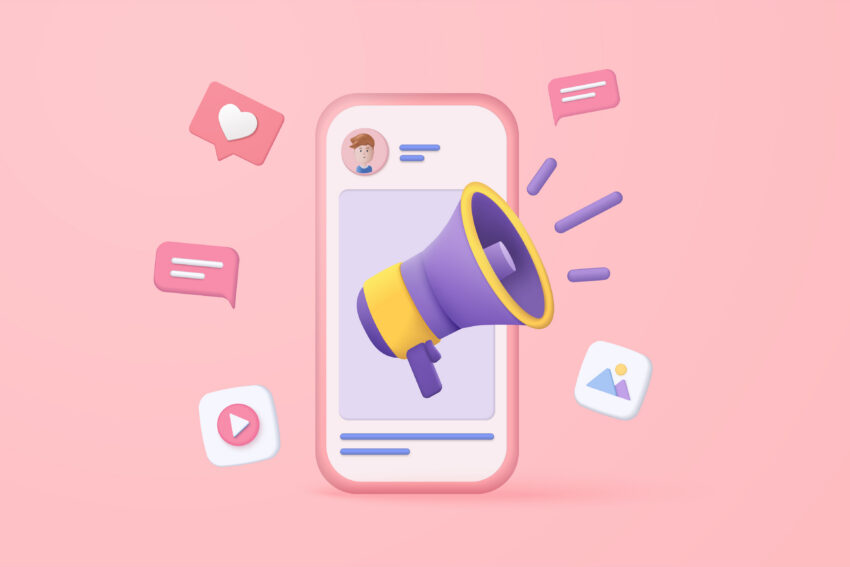 3d megaphone speaker or loudspeaker bullhorn for announce promotion, megaphone loudhailer with mobile and social media, speakerphone 3d vector for alert and announcement on isolate background