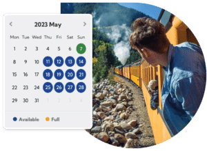 calendar with available dates and person viewing scenic route from train