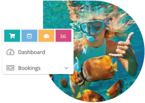 Woman underwater with snorkel gear, giving a thumbs up beside a colorful fish; adjacent are dashboard icons and menu options