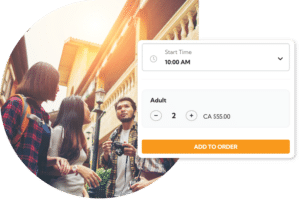 Tourists exploring a city and booking UI showing start time and number of adult tickets 