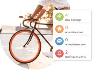 Person riding a bike at sunset; Booking dashboard indicates new bookings, unread reviews/messages, and alerts
