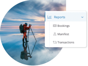 Photographer with backpack standing on reflective surface capturing a mesmerizing sunset, adjacent to dropdown menu that helps manage bookings 