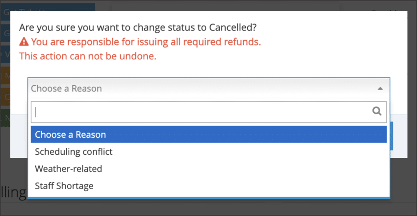 An example of cancellation reasons in the Rezgo interface