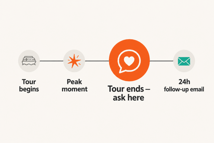 A diagram showing the perfect moment to request a review: right after a peak moment, and again at the end of the tour.